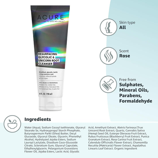 ACURE Resurfacing Glycolic & Unicorn Root Cleanser, Limpiador Espumoso 118ml