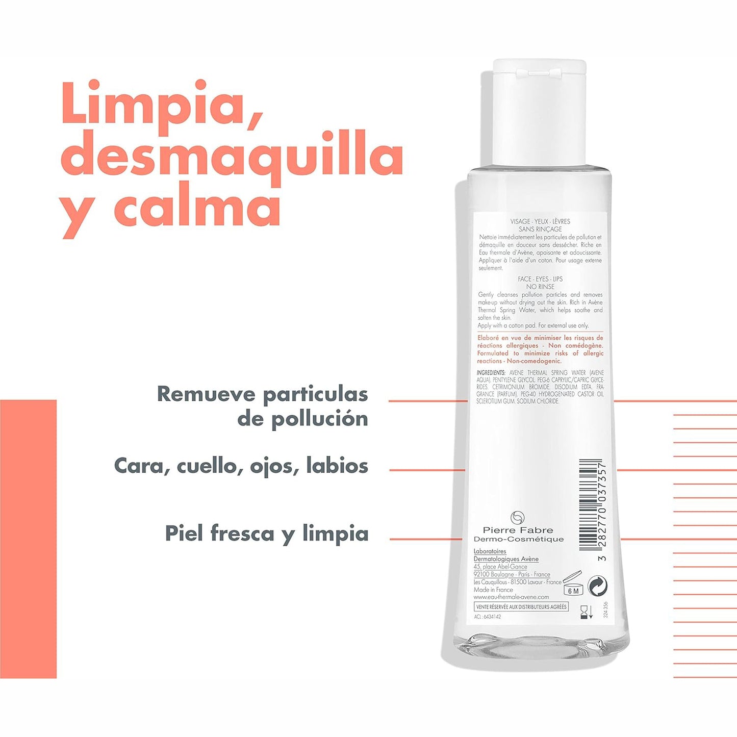 AVÈNE Locion Micelar Desmaquillante, Limpia y Calma la Piel Sensible 200ml