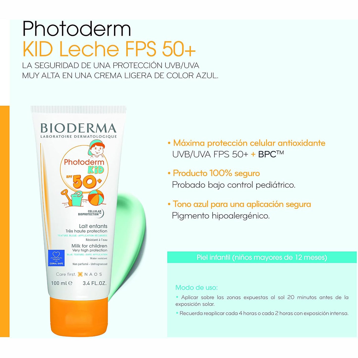 BIODERMA Protector Solar para Niños, Photoderm Kid Leche FPS 50, 100ml