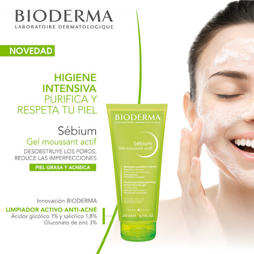 BIODERMA Sébium Gel moussant Actif, Higiene Intensiva Anti-Acné 200ml