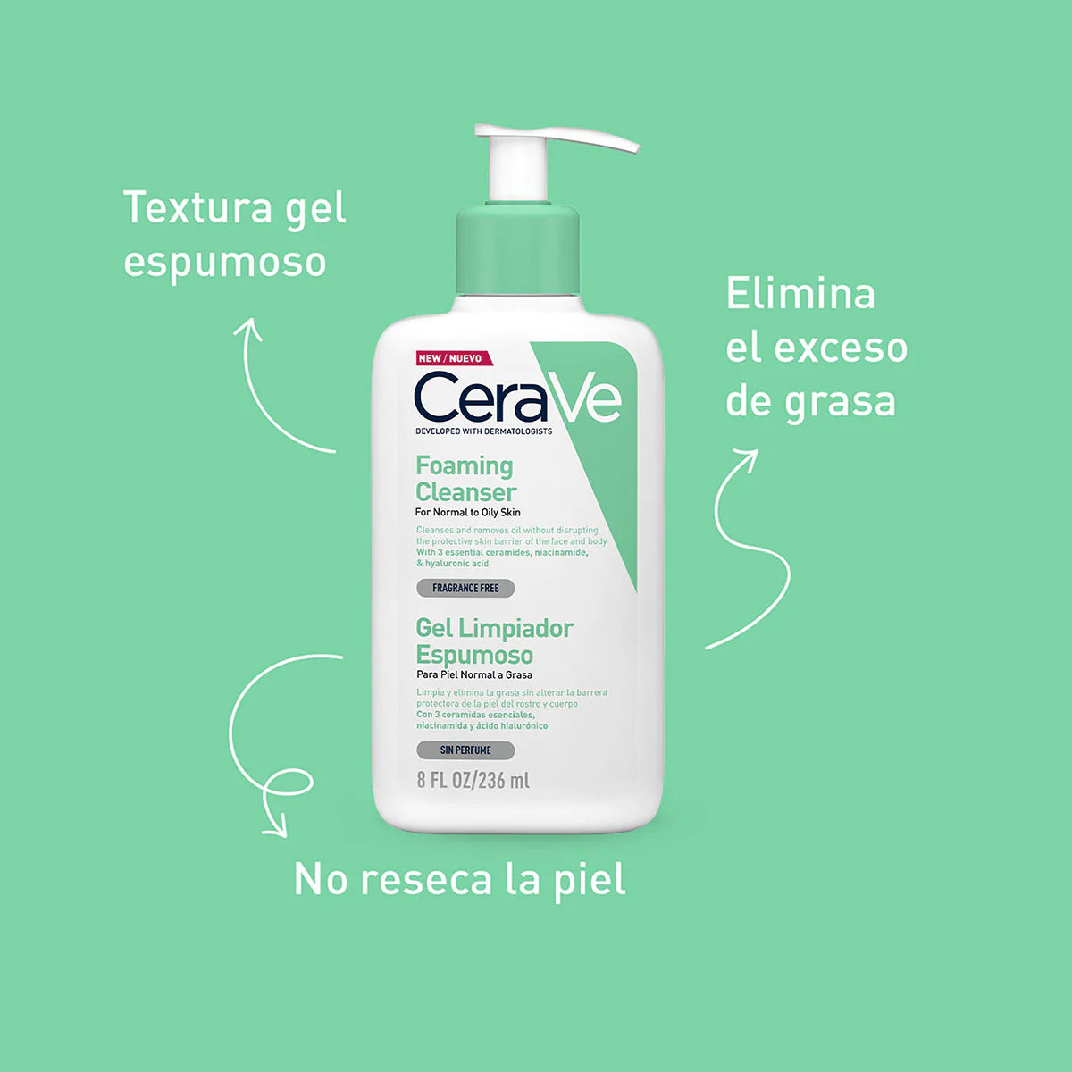 CERAVE Gel Limpiador Espumoso Facial para Piel Normal a Grasa, 236ml