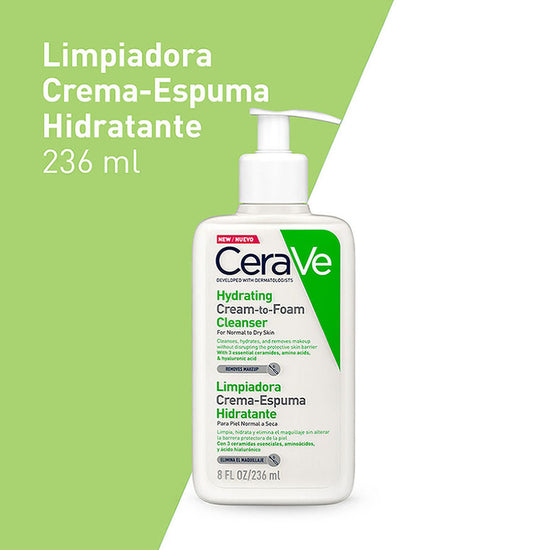 CERAVE Limpiadora Crema Espuma Hidratante Facial, Piel Normal a Seca, 236ml