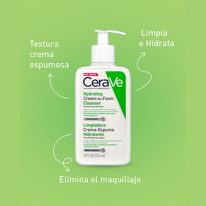 CERAVE Limpiadora Crema Espuma Hidratante Facial, Piel Normal a Seca, 236ml