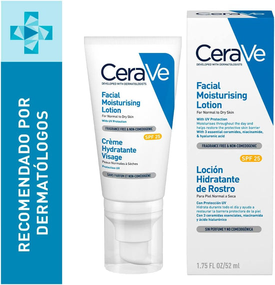 CERAVE Loción Hidratante Facial FPS 25, para piel Normal a Seca, 52ml