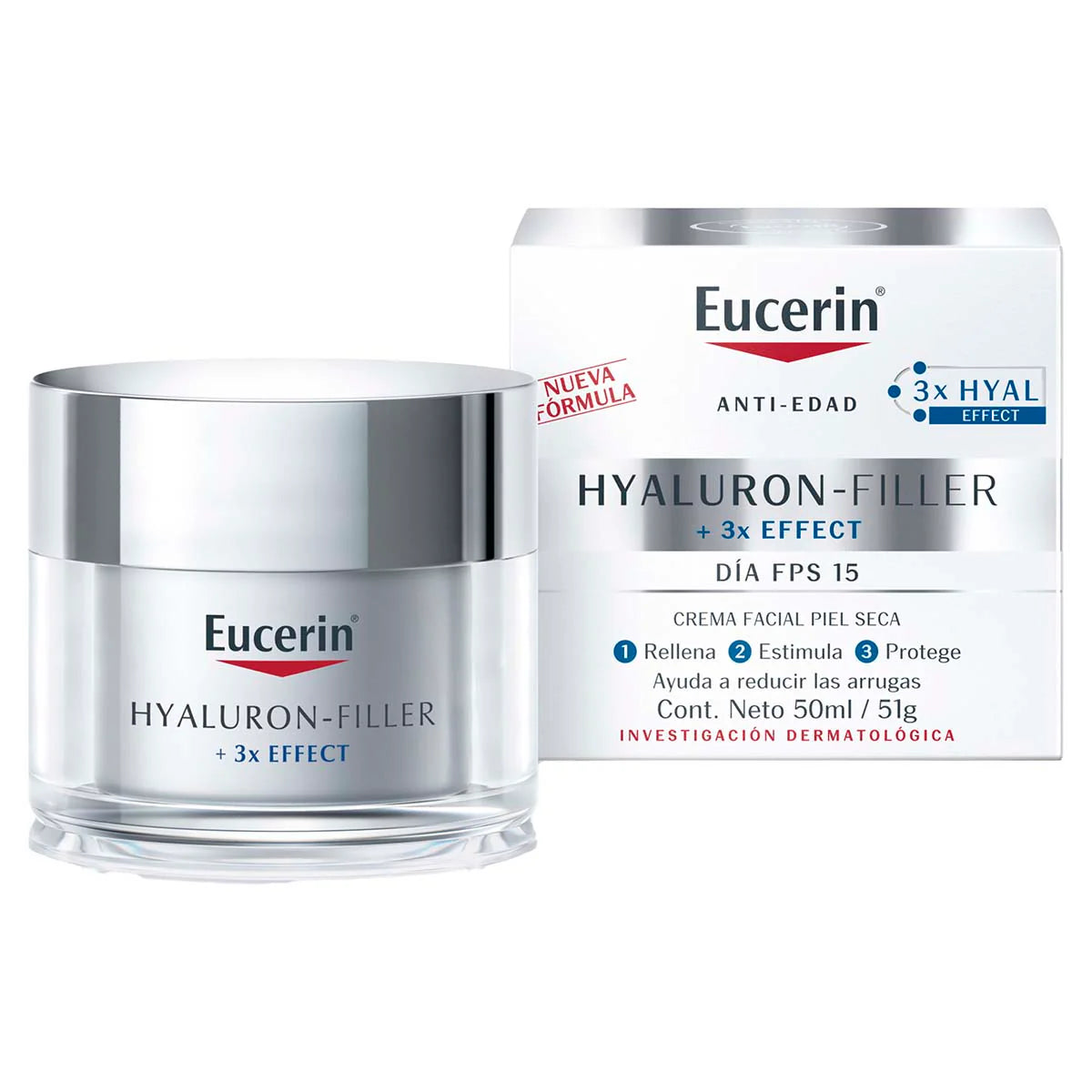 EUCERIN Hyaluron-Filler + 3x Effect Crema Facial de Día Anti-Edad Piel Seca, FPS15