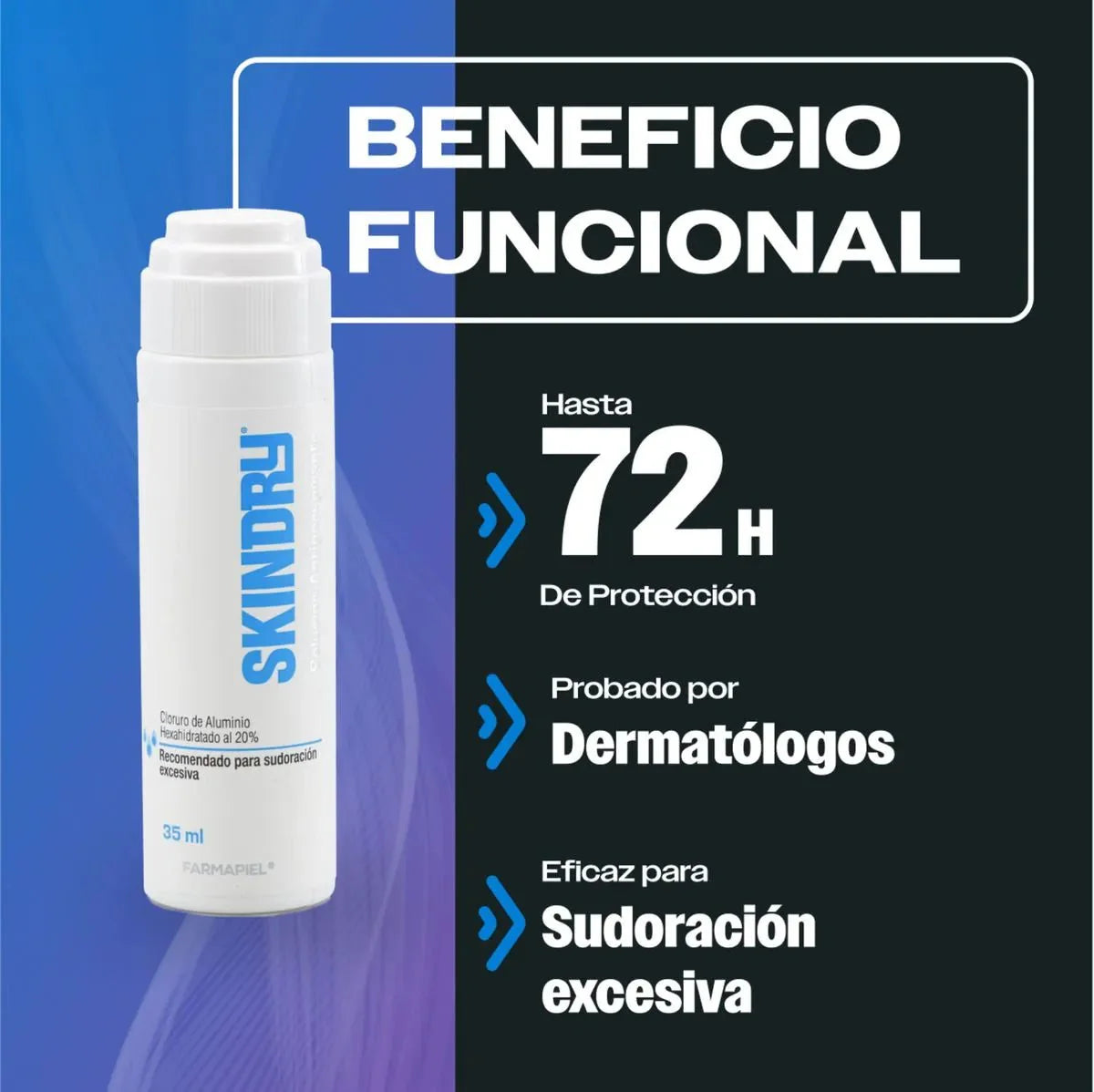 FARMAPIEL Skindry Antiperspirante 72h, Eficaz para Sudoración Excesiva, 35ml