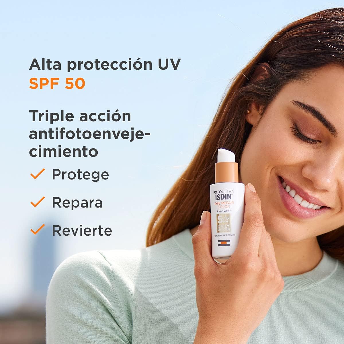 ISDIN FotoUltra AGE REPAIR COLOR Fusion Water SPF 50, Triple Acción Antiedad, 50ml