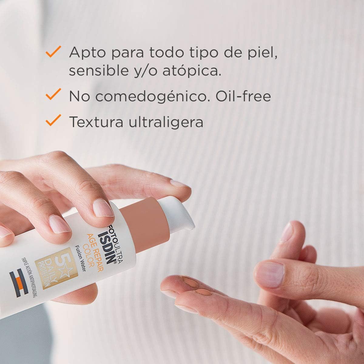 ISDIN FotoUltra AGE REPAIR COLOR Fusion Water SPF 50, Triple Acción Antiedad, 50ml