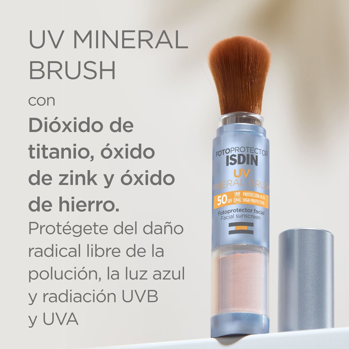 ISDIN Fotoprotector Facial UV Mineral Brush, Protección Luz Azul, UVB y UVA SPF 50