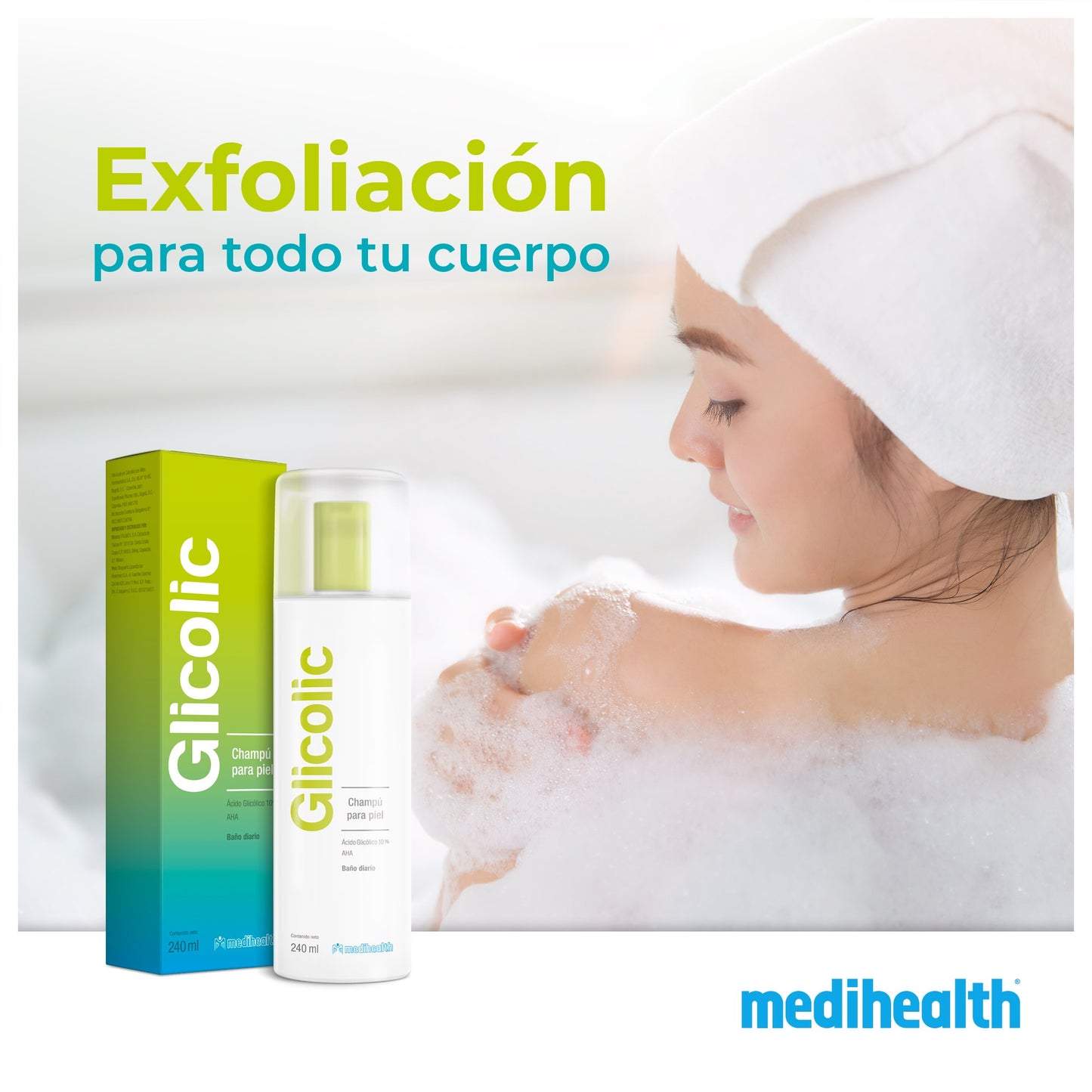 MEDIHEALTH Glicolic Champú para la Piel, Baño Diario, Suavidad y Tersura Natural