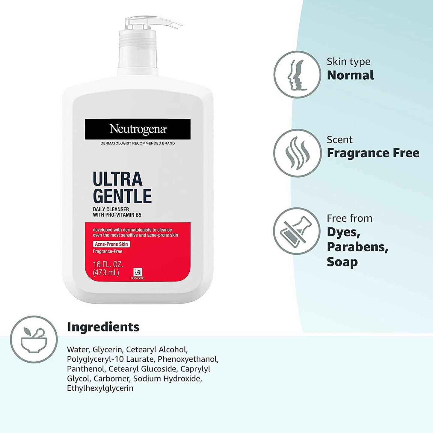 NEUTROGENA Ultra Gentle Daily Cleanser, Limpiador Facial Pro-Vitamin B5, 473ml