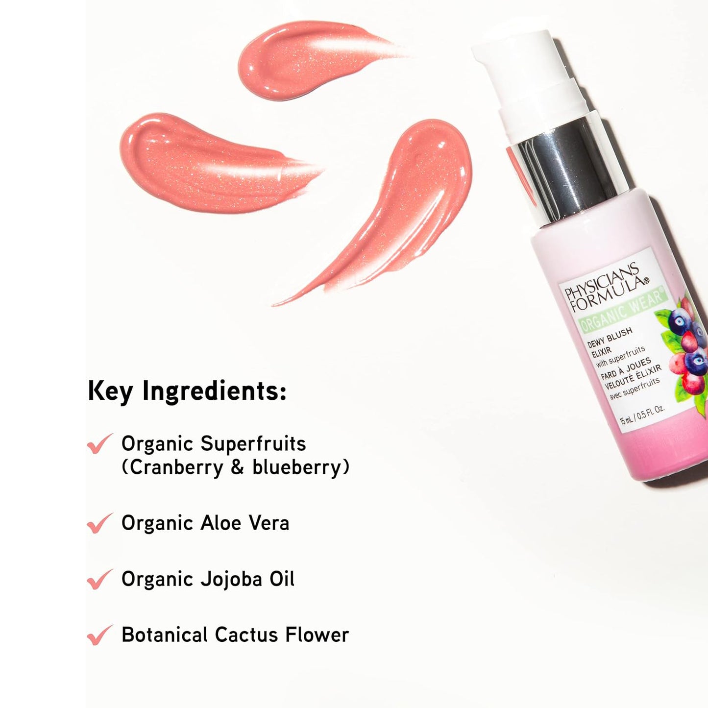 PHYSICIANS FORMULA Organic Wear Dewy Blush Elixir, Rubor Elixir Ligero 15ml