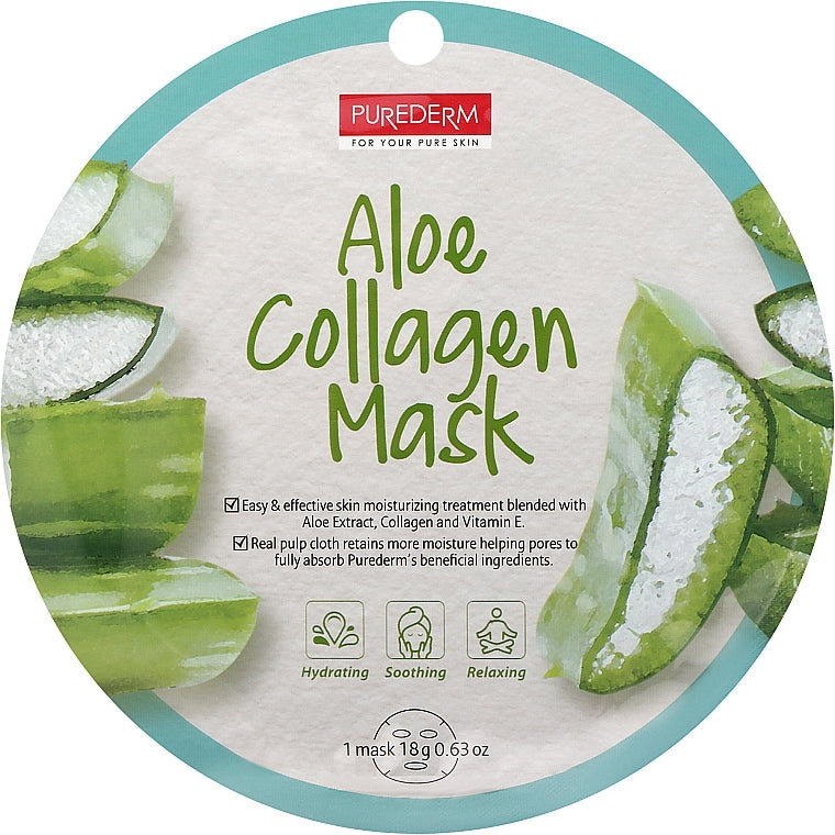 PUREDERM Aloe Collagen Mask, Mascarilla con Extracto de Aloe y Colágeno 18gr