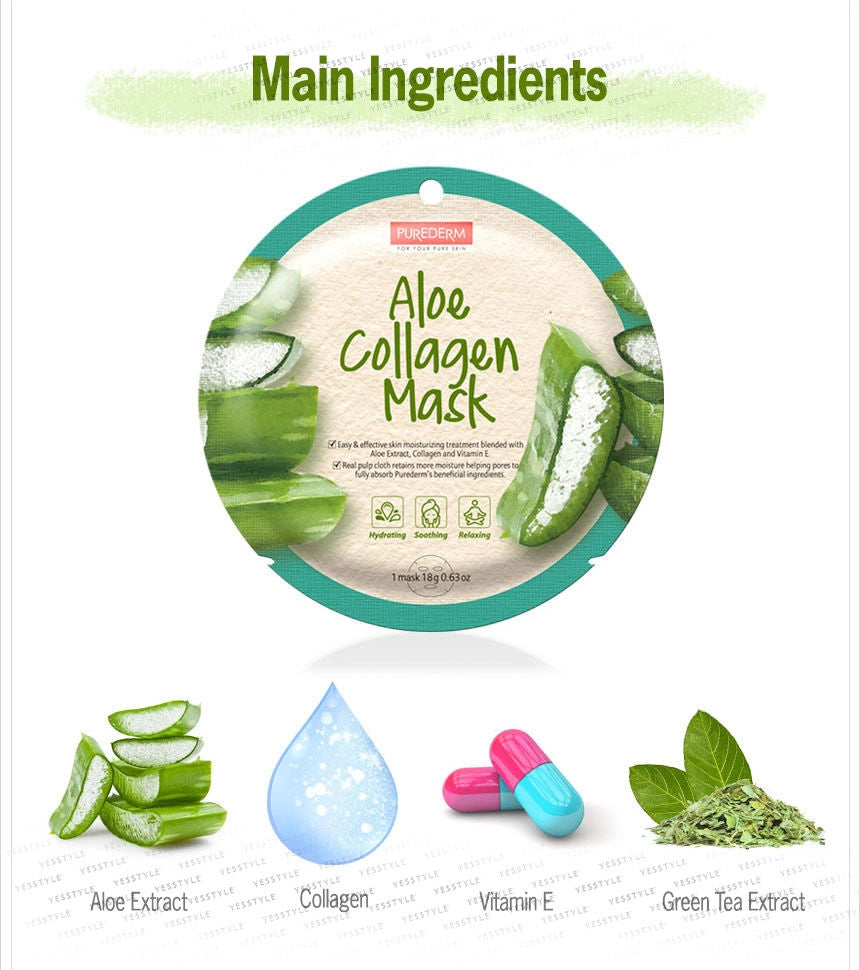 PUREDERM Aloe Collagen Mask, Mascarilla con Extracto de Aloe y Colágeno 18gr