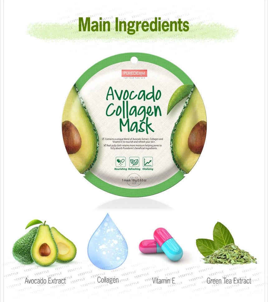 PUREDERM Avocado Collagen Mask, Mascarilla con Extracto de Aguacate 18gr