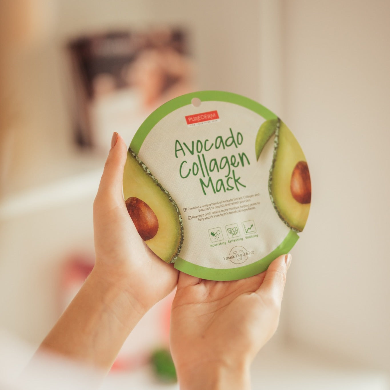 PUREDERM Avocado Collagen Mask, Mascarilla con Extracto de Aguacate 18gr