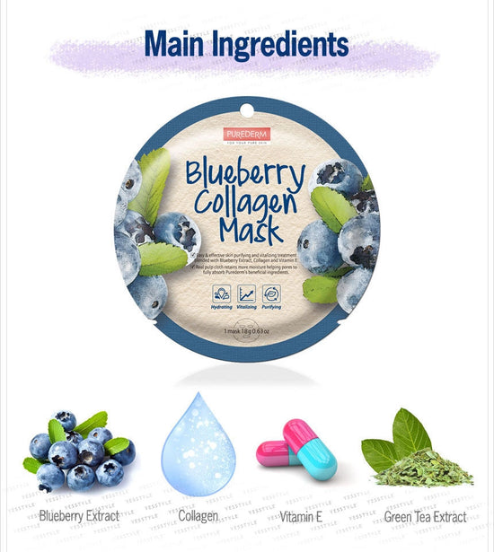 PUREDERM Blueberry Collagen Mask, Mascarilla Mora Azul y Colágeno 18gr