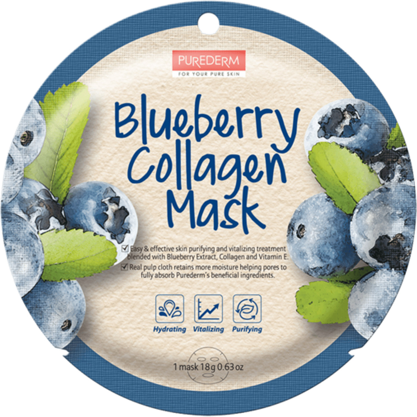 PUREDERM Blueberry Collagen Mask, Mascarilla Mora Azul y Colágeno 18gr