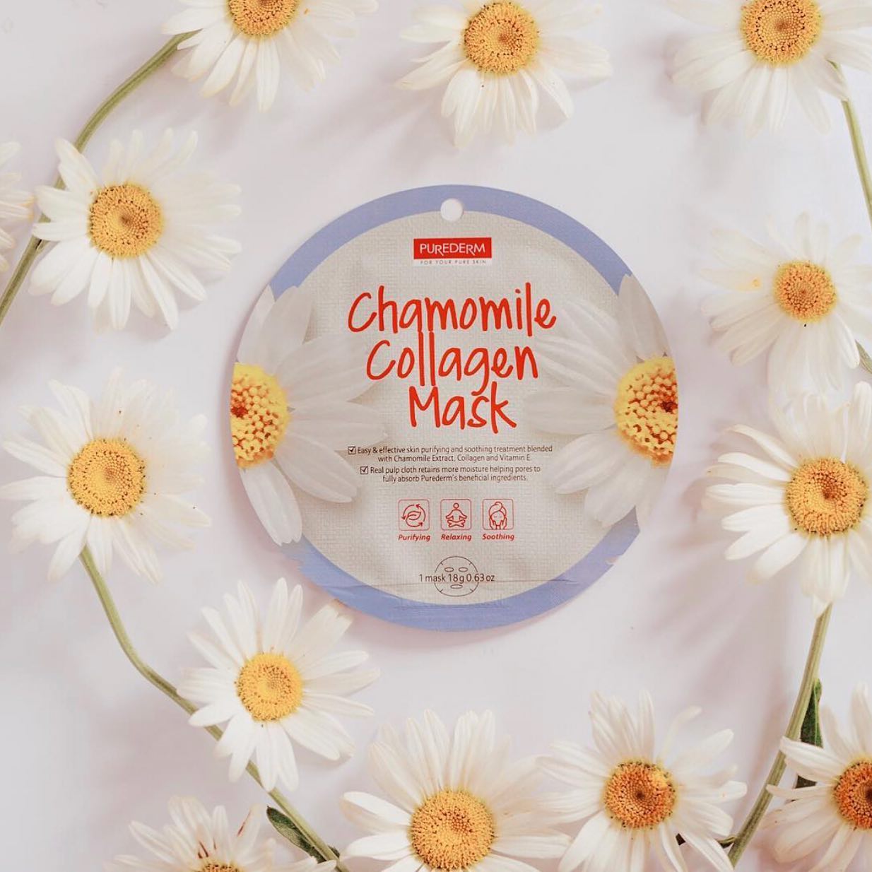 PUREDERM Chamomile Collagen Mask, Mascarilla de Manzanilla + Colágeno 18gr