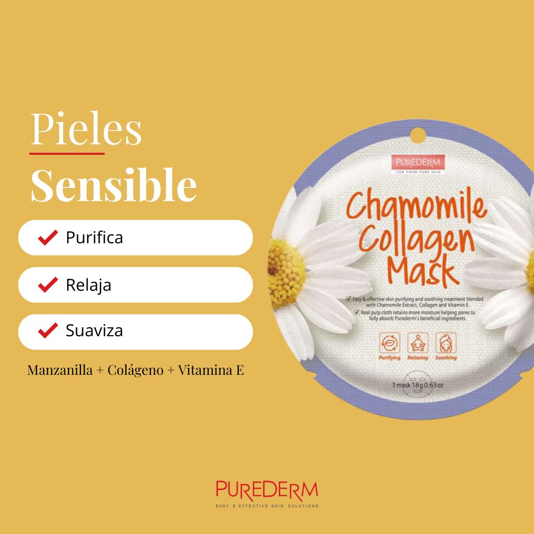 PUREDERM Chamomile Collagen Mask, Mascarilla de Manzanilla + Colágeno 18gr