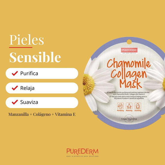 PUREDERM Chamomile Collagen Mask, Mascarilla de Manzanilla + Colágeno 18gr