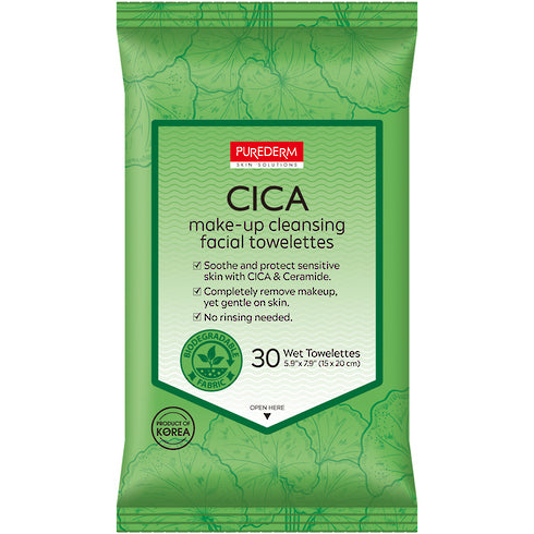 PUREDERM Cica Makeup Cleansing Facial Towelettes, Toallitas Limpiadoras