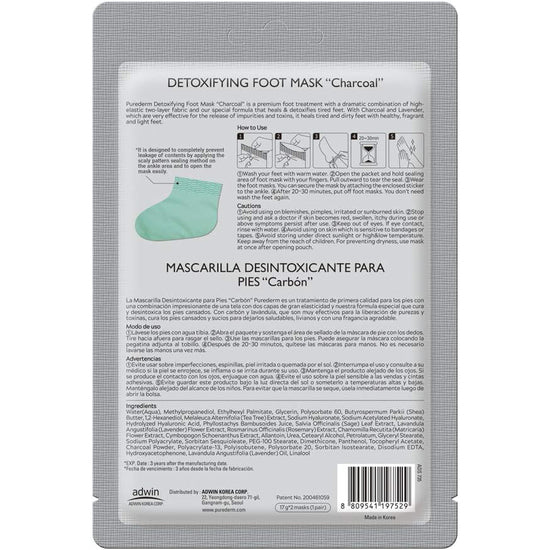 PUREDERM Detoxifying Foot Mask Charcoal, Máscara Detoxificante para Pies