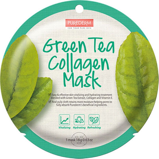 PUREDERM Green Tea Collagen Mask, Mascarilla Té Verde + Colágeno 18gr