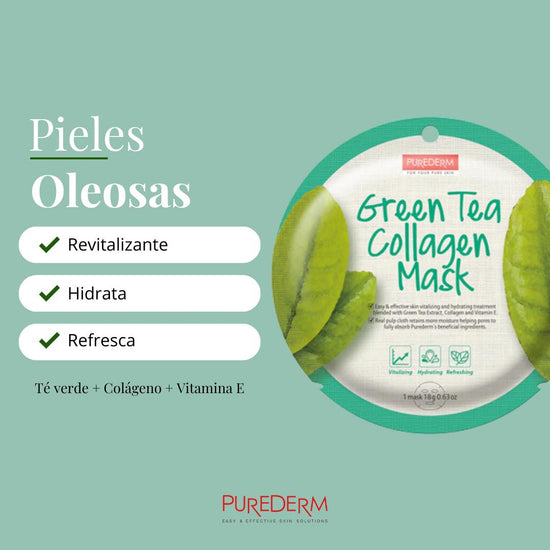 PUREDERM Green Tea Collagen Mask, Mascarilla Té Verde + Colágeno 18gr