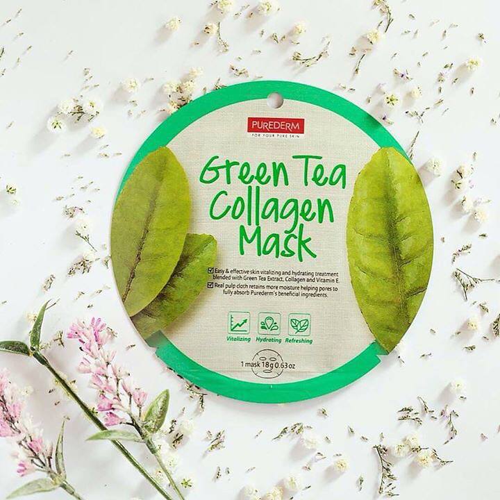 PUREDERM Green Tea Collagen Mask, Mascarilla Té Verde + Colágeno 18gr