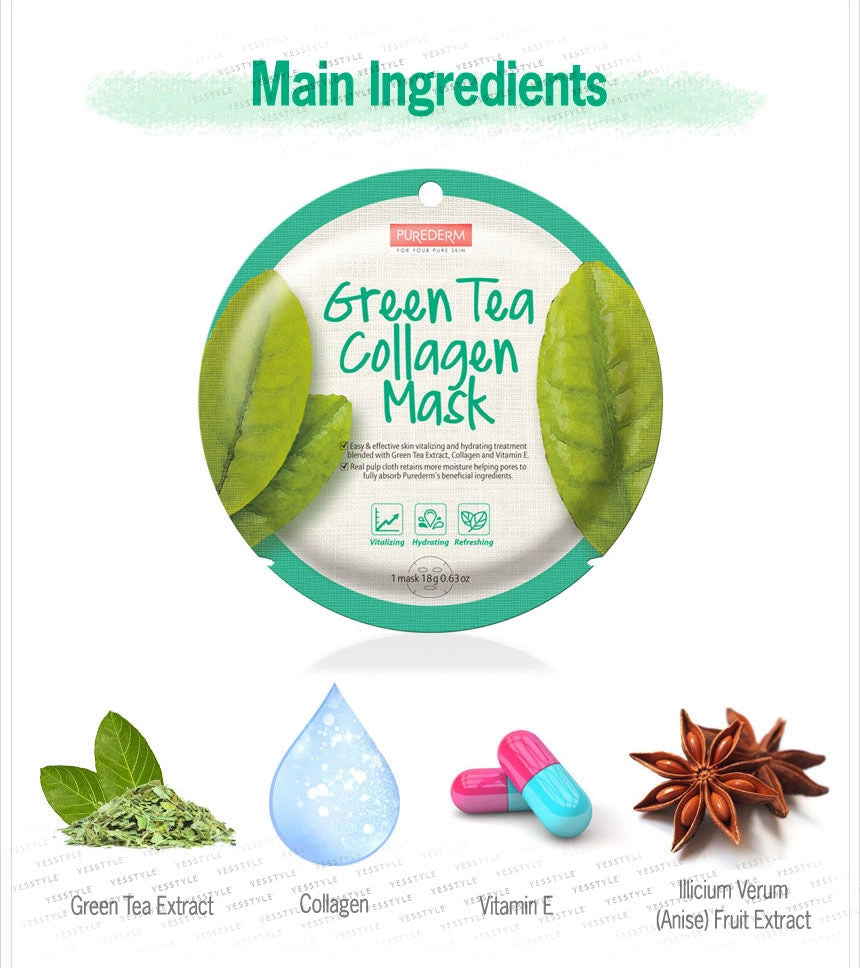 PUREDERM Green Tea Collagen Mask, Mascarilla Té Verde + Colágeno 18gr