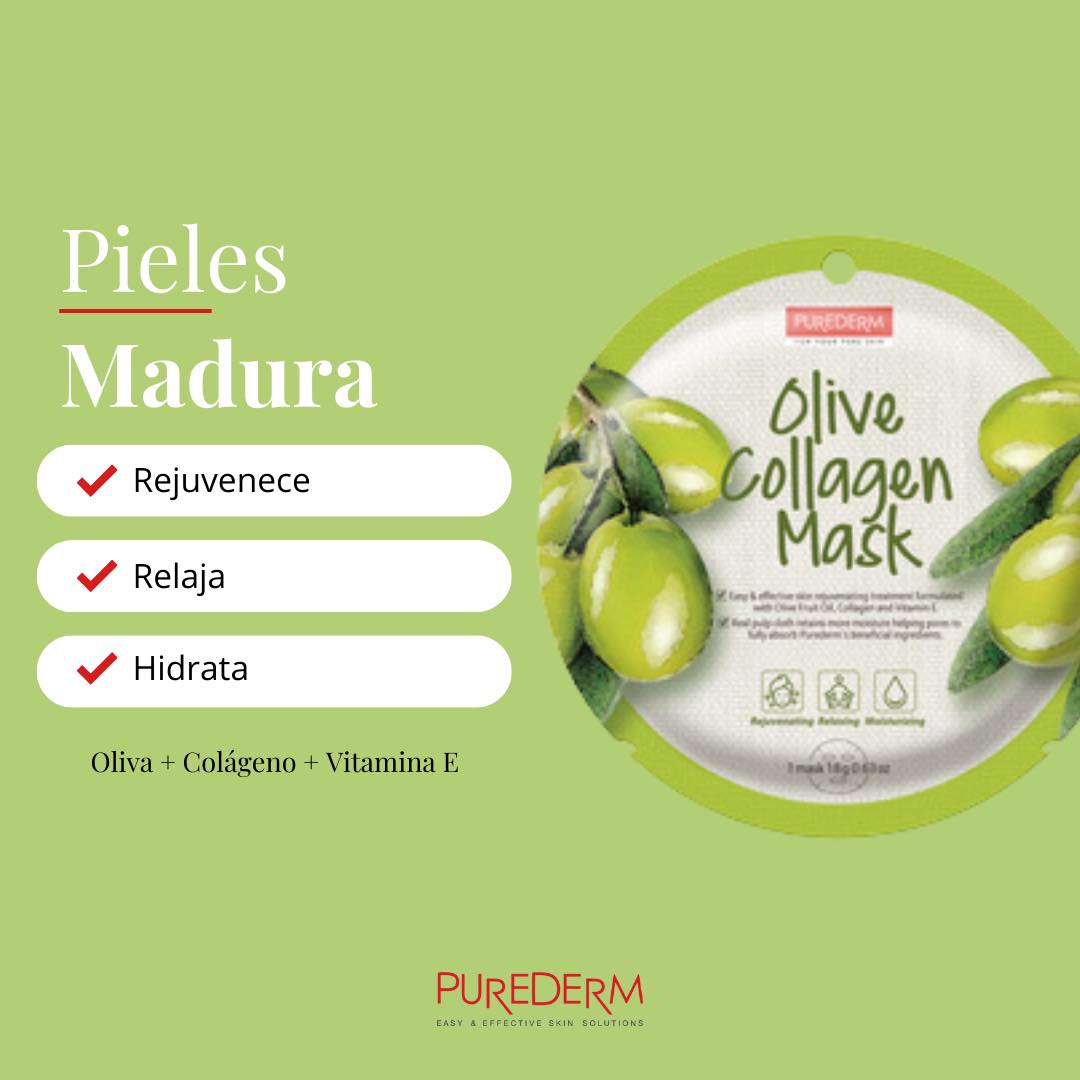 PUREDERM Olive Collagen Mask, Mascarilla Olive + Colágeno 18gr