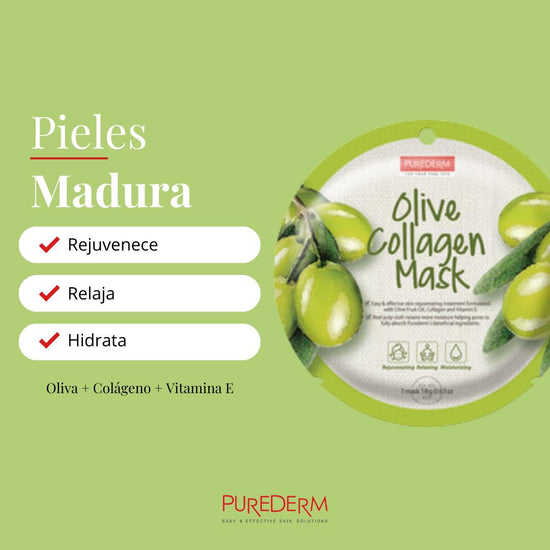 PUREDERM Olive Collagen Mask, Mascarilla Olive + Colágeno 18gr