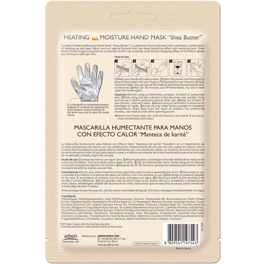 PUREDERM Shea Butter Heating Moisture Hand Mask, Máscara de Manos 1 Par