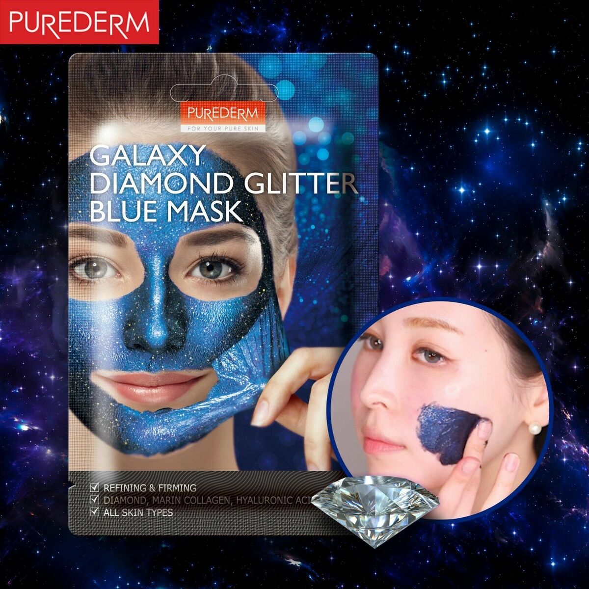 PUREDERM Galaxy Diamond Glitter Blue Mask, Mascarilla Despegable 10gr