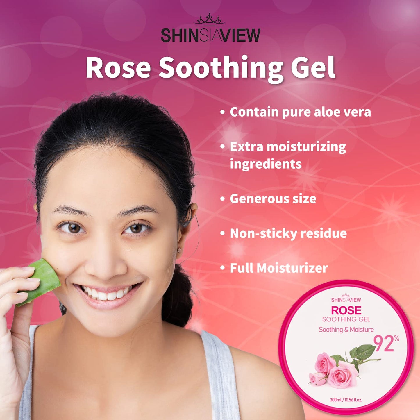 SHINSIAVIEW Rose Soothing Gel, Gel de Áloe Vera 92% con Agua de Rosas