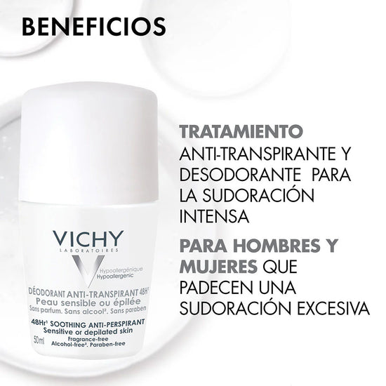 VICHY Desodorante Roll On Anti-Transpirante Calmante para Piel Sensible 48Hrs, 50ml